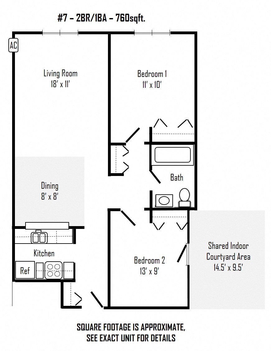 Floor plan for 2 beds, 1 bath, 760 sqft